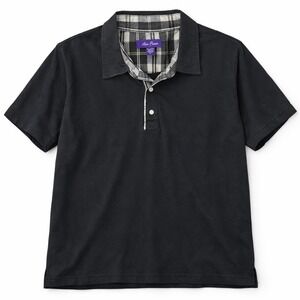 Alan Flusser Mens Black Cotton Short Sleeve Polo Shirt Plaid Trim XL